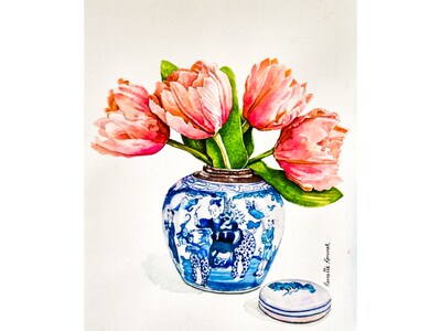 "Tulips in French Blue Vase" Original Watercolor by Pierrette Komarek - image1